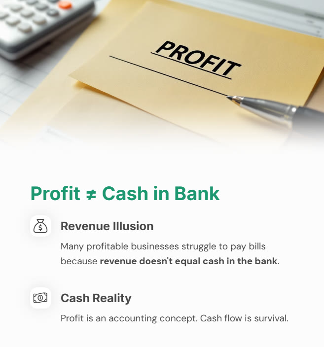 Tan folder labeled "PROFIT," pen, and calculator. Text: "Profit ≠ Cash in Bank," "Revenue Illusion," "Cash Reality." Financial concept explainer.