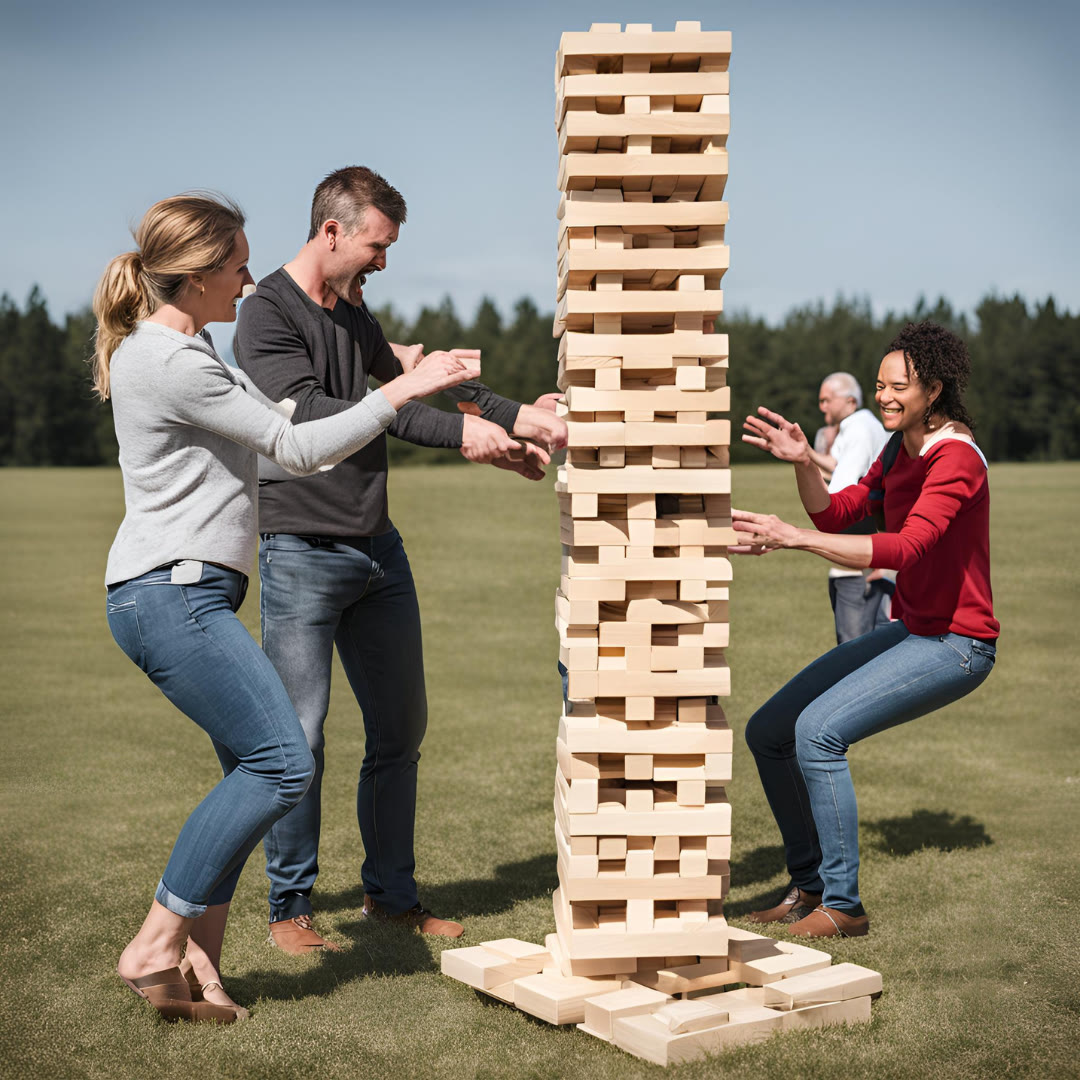 people playing giant jenga