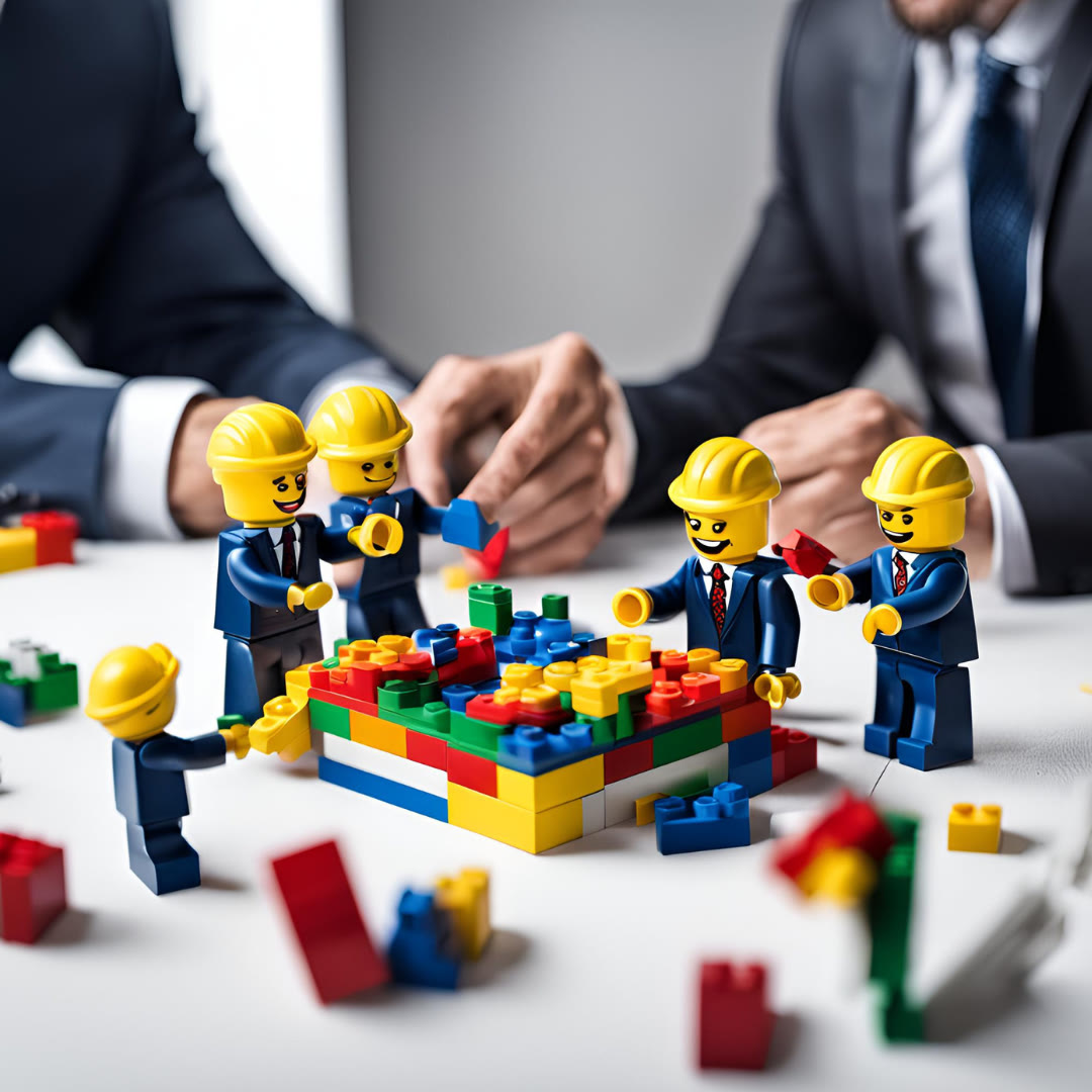 Businessmen playing with legos.